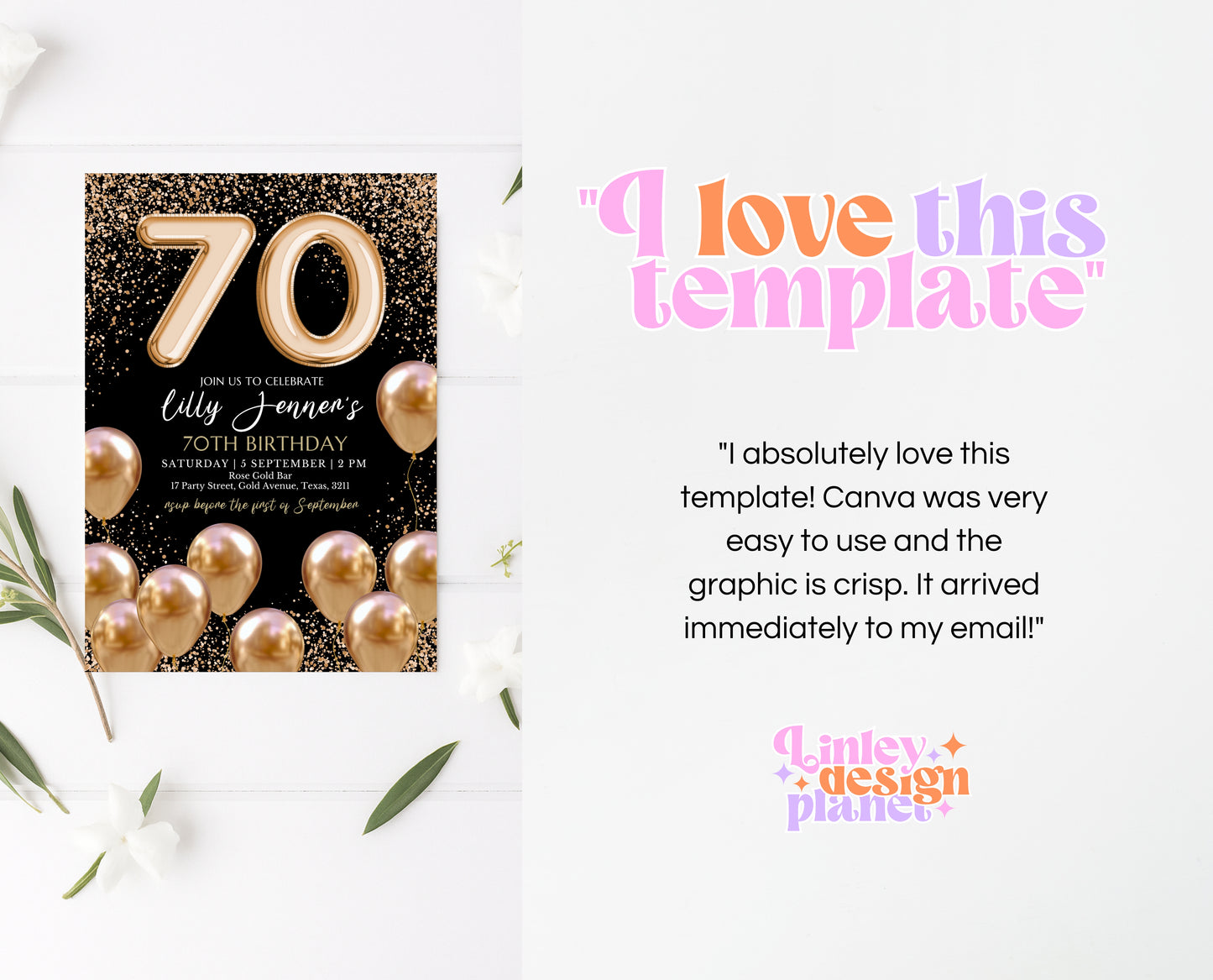 Editable 70th Birthday Invitation Black and Gold Design Modern 70th Party Invite Digital Template Printable Instant Download