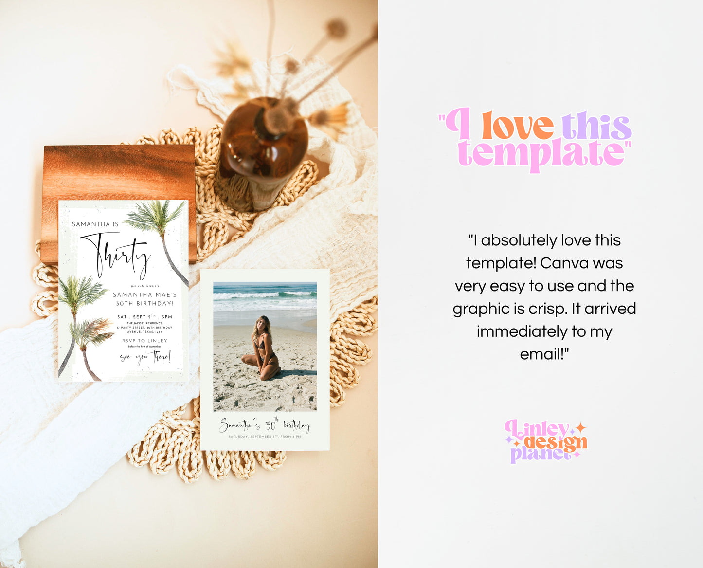 Editable Palm Birthday Invitation Template Folk Palm Trees Summer Party Beach Theme Watercolour Modern Instant Download Printable AB14