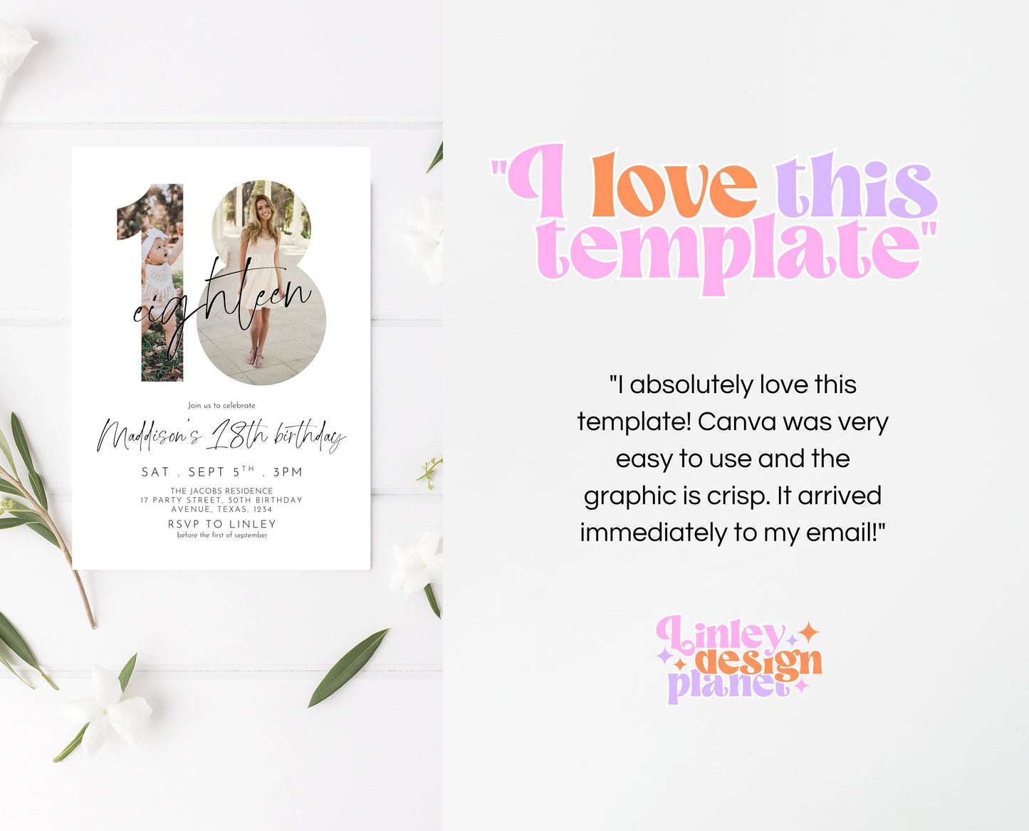 Editable 18th Birthday Invitation Photo Minimalist Modern Elegant Design Simple Digital Party Template Printable Invite Instant Download
