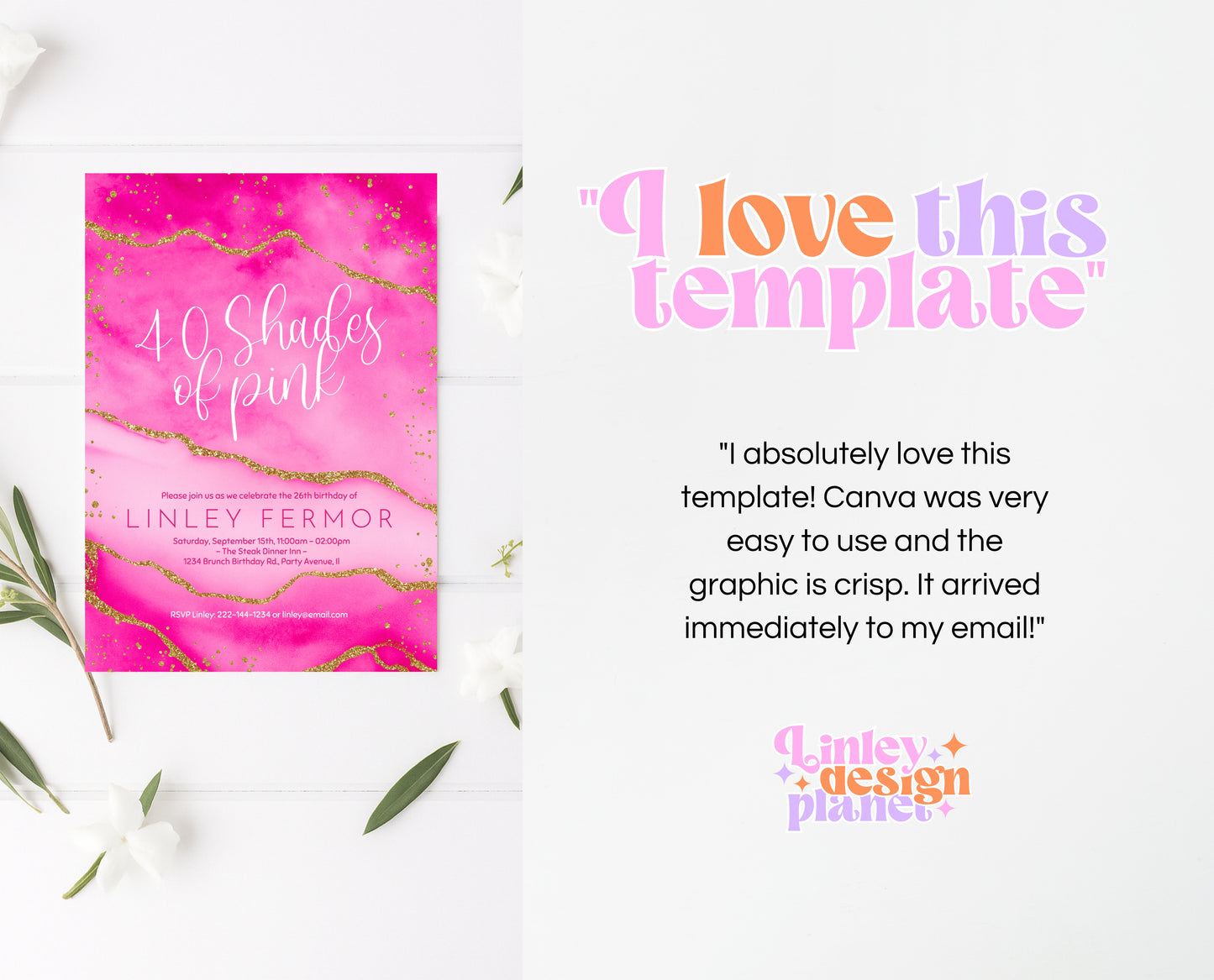 Editable Hot Pink and Gold Birthday Invitation Glam Party Template for Any Age Modern Printable Shades Of Pink Invite Instant Download AB18