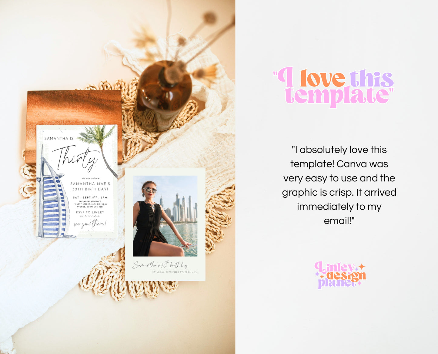 Editable Dubai Themed Palm Birthday Invitation Summer Party Template Luxury Desert Tropical Printable Invite Download AB13