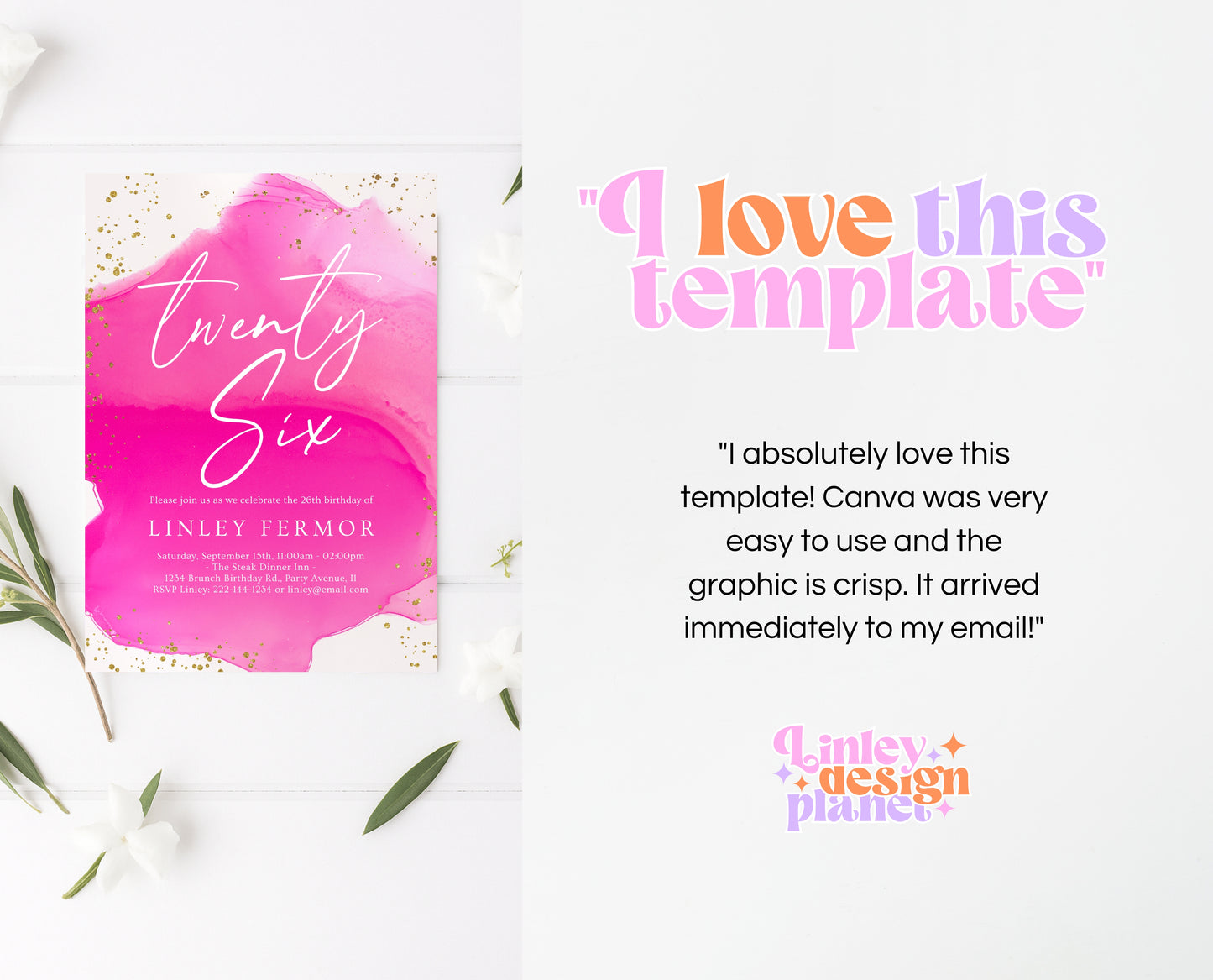 Editable Hot Pink and Gold Birthday Invitation Glam Party Template for Any Age Modern Printable Birthday Invite Instant Download AB17