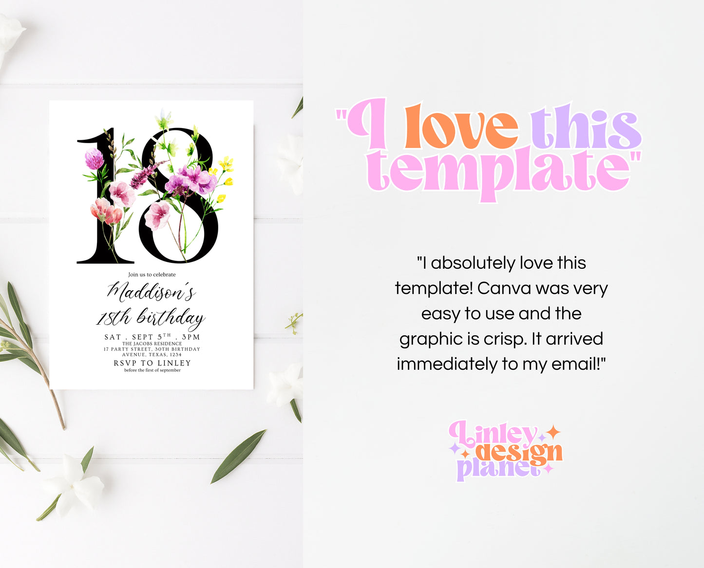 Editable 18th Birthday Invitation Minimalist Watercolour Floral Design Modern Adult Party Template Digital Printable Invite Instant Download