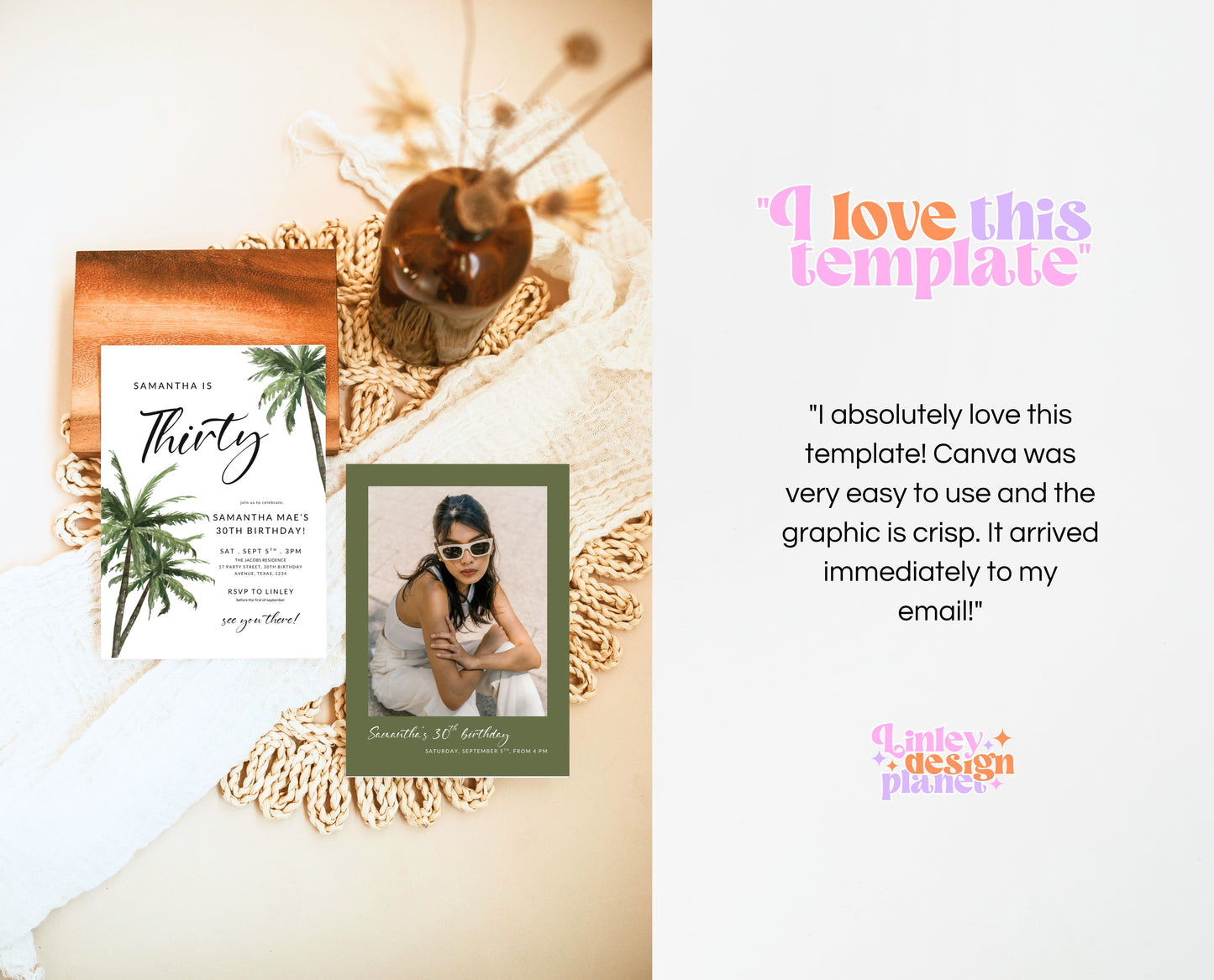 Editable Palm Birthday Invitation Template Folk Palm Trees Summer Party Beach Theme Watercolour Modern Instant Download Printable AB12