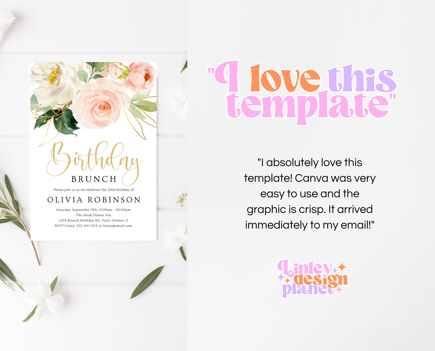 Editable Blush Pink Floral Birthday Brunch Invitation Gold Rose Invite Watercolour Printable Party Template for Women Instant Download