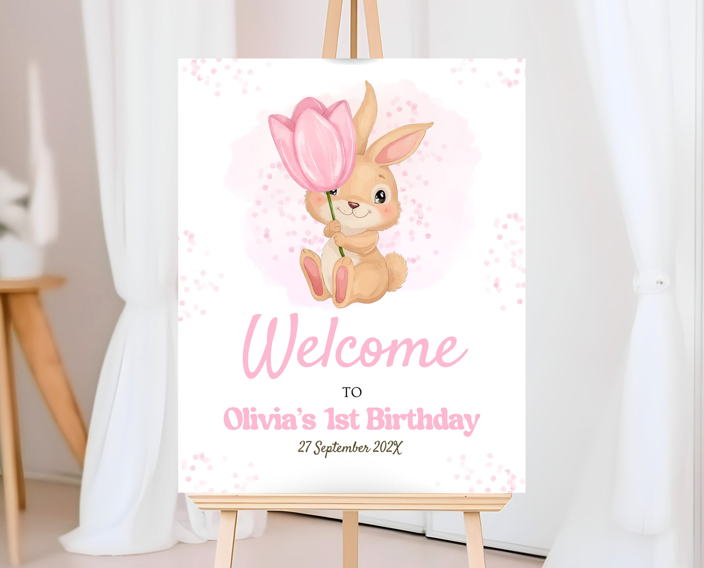 Editable Bunny Birthday Welcome Sign, Rabbit Birthday Party, Hop On Over Bunny Birthday Sign, Spring Birthday, Rabbit Welcome Banner, EPC15