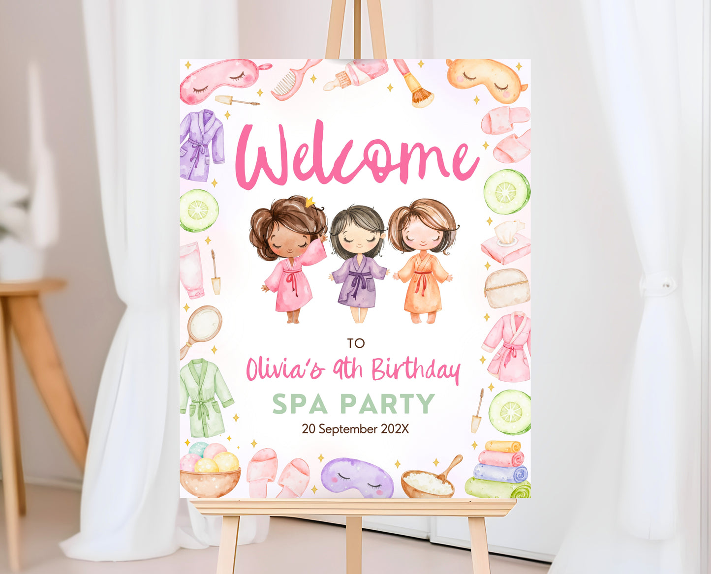 Editable Spa Birthday Welcome Sign, Spa Party Decor, Pamper Birthday, Pink Glam Party Welcome Banner, Pink Spa Girls Birthday Decor, GBP08