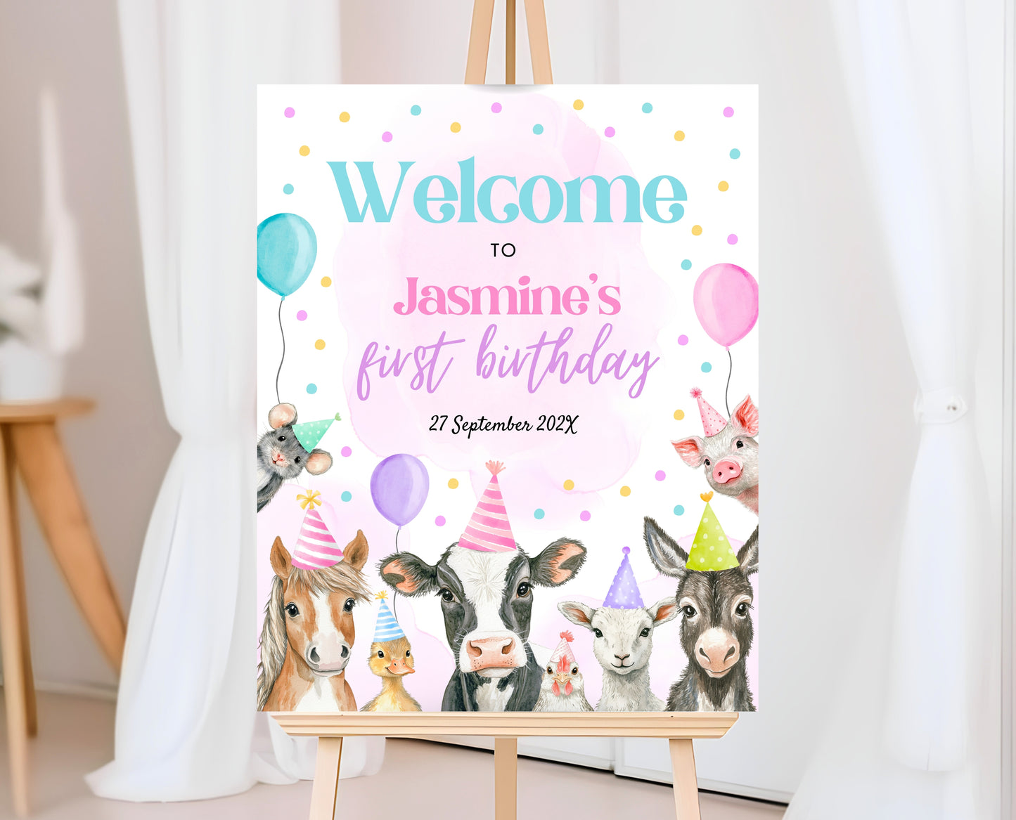 Editable Farm Girl Birthday Welcome Sign, Pink Farm Birthday Party Decor, Calling All Party Animals, Rainbow Girl Farm Welcome Banner, GBP15