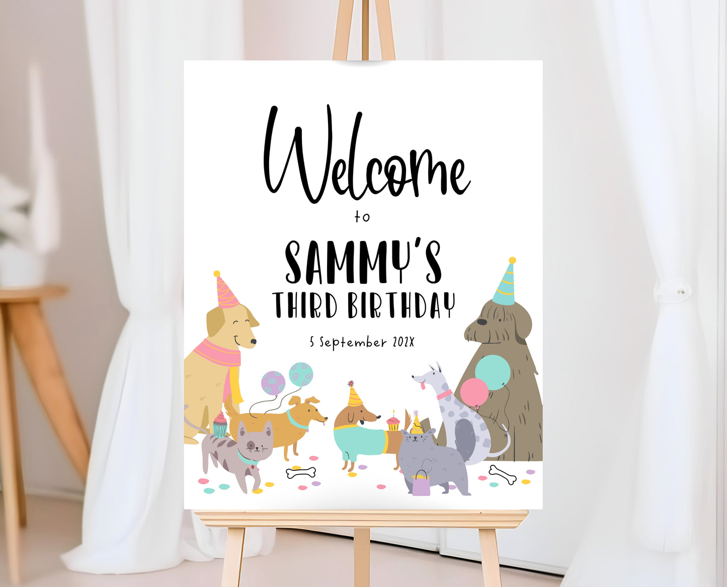 Editable Girl Dog And Cat Birthday Welcome Sign, Dog And Cat Birthday Welcome Banner, Printable Animal Birthday, Instant Download, GBP20