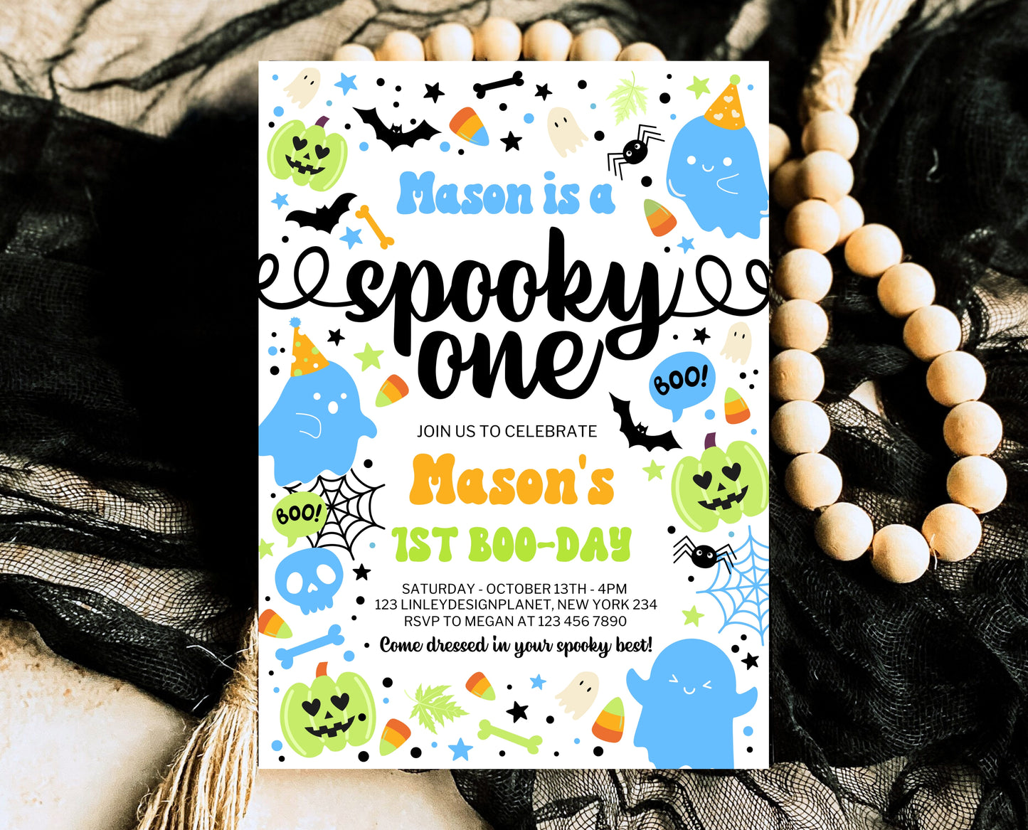 Editable Spooky One Birthday Invitation Blue Green Halloween 1st Birthday Template for Boy Digital Download Printable Invite Neon Boy HB01