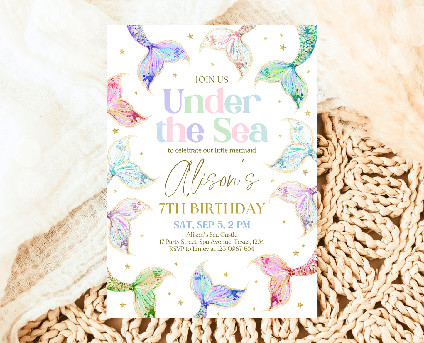 Editable Mermaid Birthday Invitation, Under the Sea Birthday Invitation, Birthday Template, Rainbow Pastel Glitter Mermaid Invite, GBP13