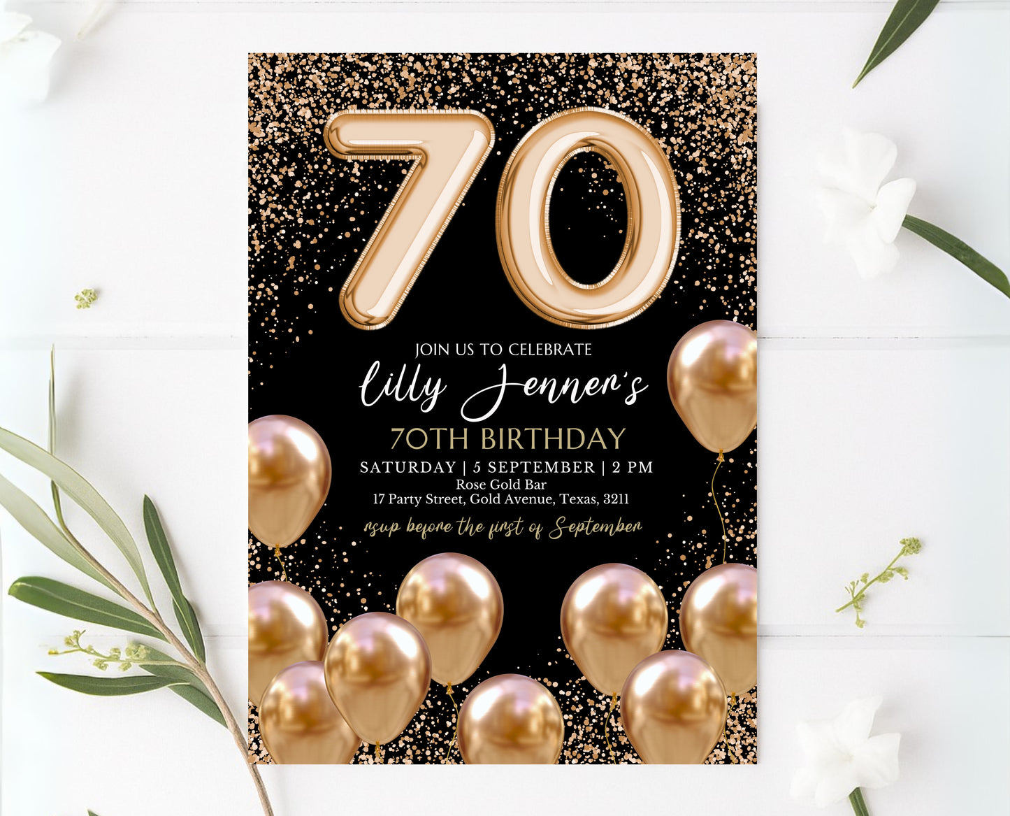 Editable 70th Birthday Invitation Black and Gold Design Modern 70th Party Invite Digital Template Printable Instant Download