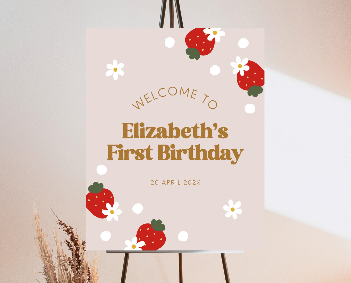 Editable Strawberry Birthday Welcome Sign, Retro Strawberry Birthday Girl Decor, Printable Boho Strawberry Birthday Welcome Banner, GBP02