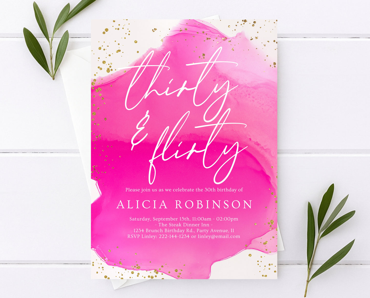 Editable Thirty and Flirty 30th Birthday Invitation Hot Pink and Gold Glam Party Invite Modern Birthday Template Instant Download AB17