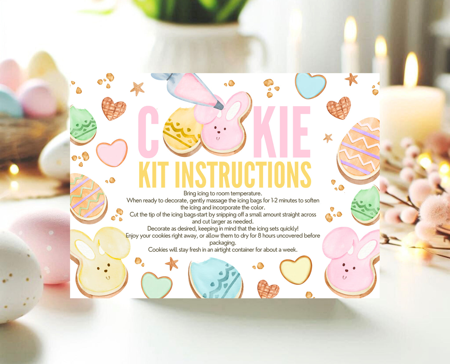 Editable Easter Cookie Kit Instructions Card, Decorate Your Own Easter Bunny Cookie, Cookie Decorating Kit DIY, Printable, Instant Download