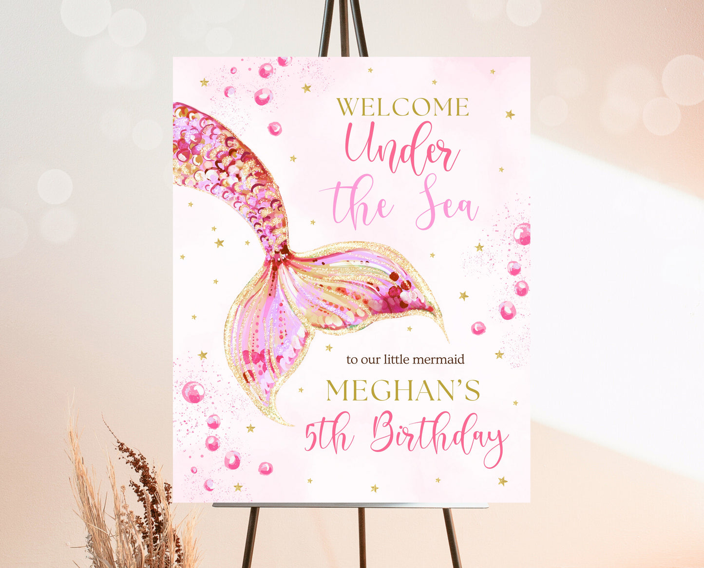 Editable Mermaid Tail Birthday Welcome Sign, Under the Sea Birthday Welcome Banner, Birthday Template, Pink And Gold Glitter Mermaid, GBP11