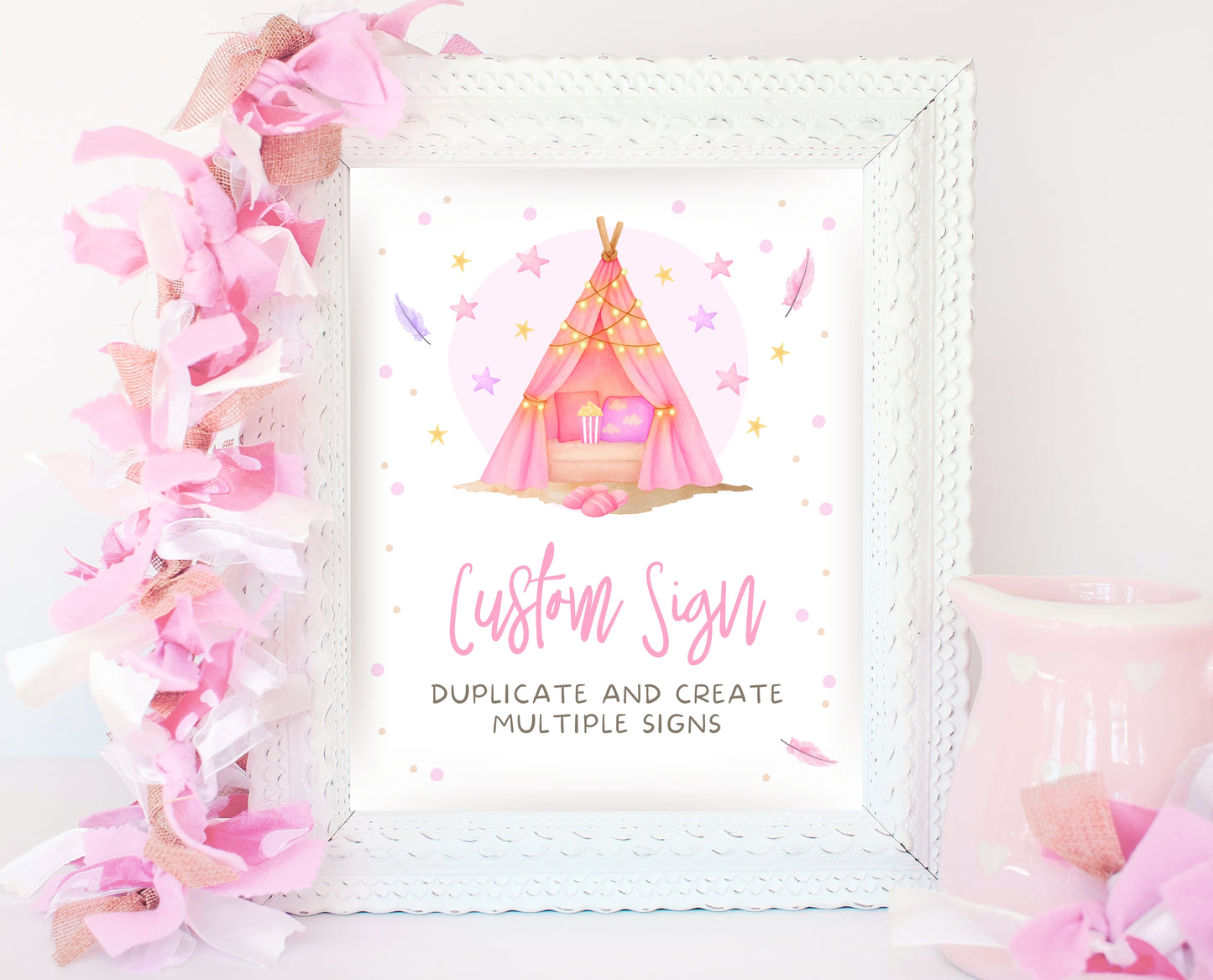 Editable Slumber Party Table Sign Custom Spa Sleepunder Glamping Theme Pink Tween Teen Printable Signage Template Instant Download GBP51