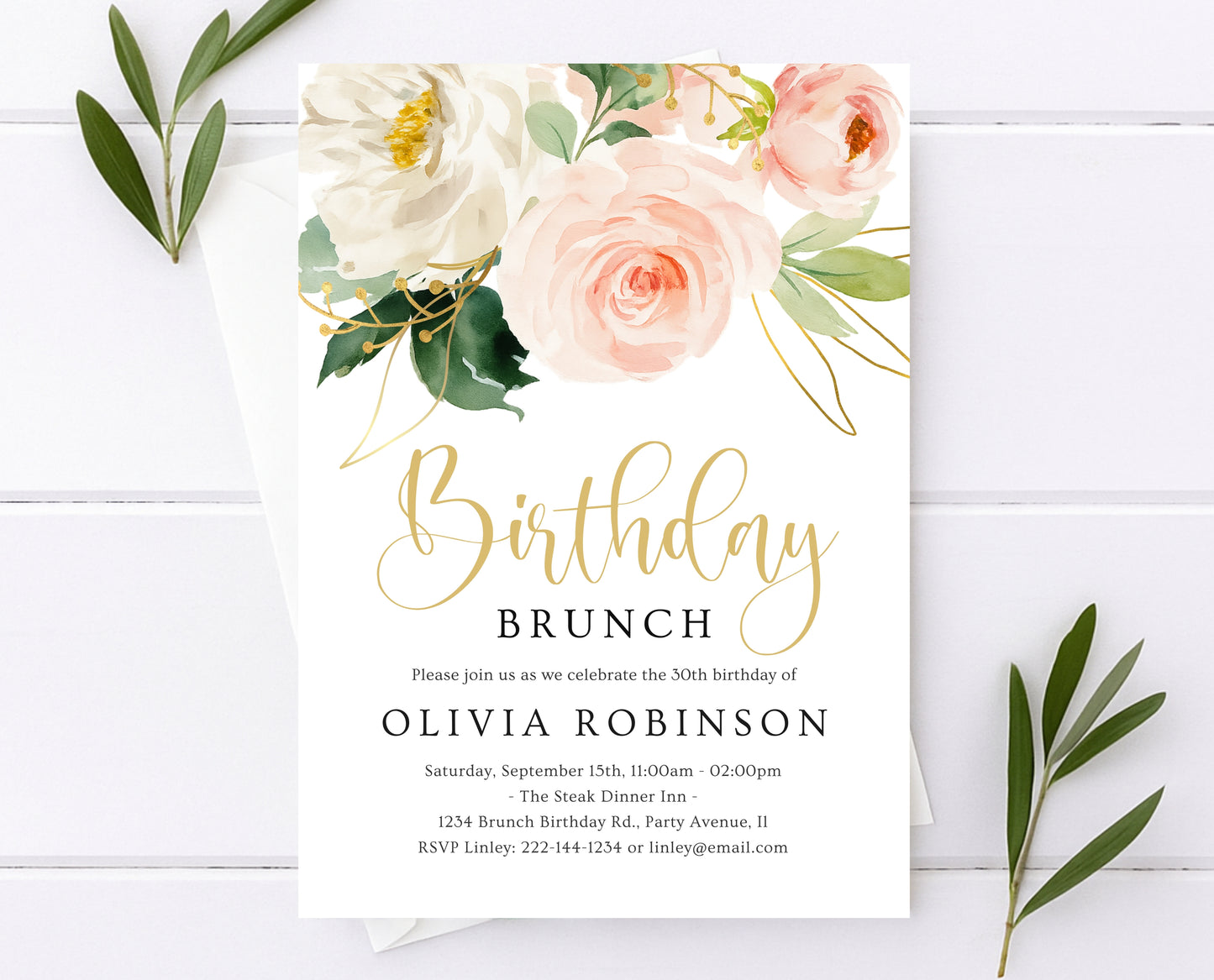 Editable Blush Pink Floral Birthday Brunch Invitation Gold Rose Invite Watercolour Printable Party Template for Women Instant Download