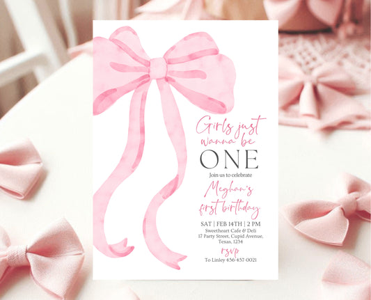 Editable Pink Bow Birthday Invitation, Girls Just Wanna Be One Bow Invite, Pink Coquette Bow Invitation Birthday Invite, Bow Invite, VDC12