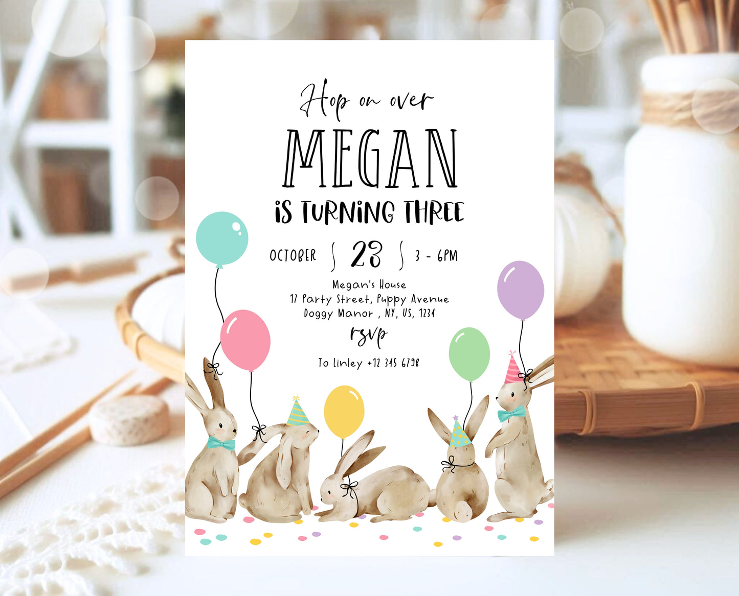 Editable Bunny Birthday Invitation, Some Bunny 1st Birthday Party, Hop On Over Bunny Birthday, Spring Birthday Rabbit Birthday Invite, EPC05