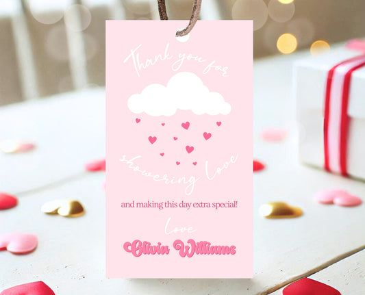 Editable Valentine Baby Shower Favor Tag, Showered With Love Baby Shower tag, Pink Cloud Hearts Baby Shower Thank You Tag, Download, VDC11