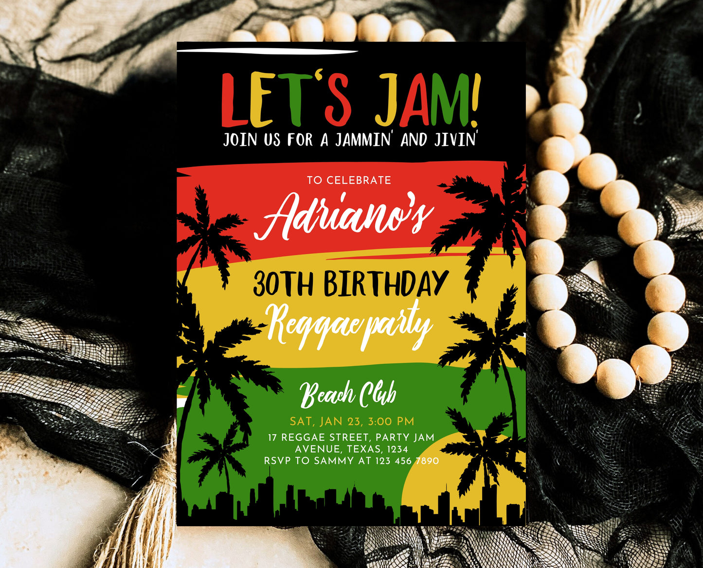 Editable Reggae Birthday Invitation Jamaican Theme Adult Party Template 30th 40th Celebration Printable Tropical Invite AB16