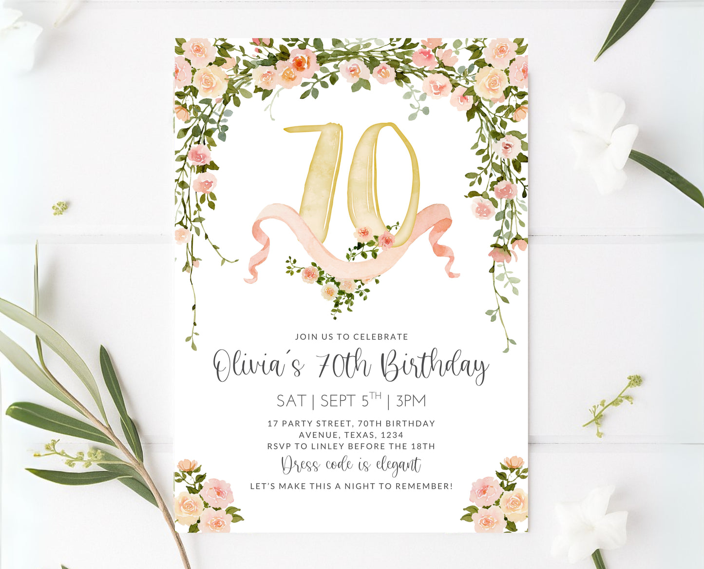 Editable 70th Birthday Invitation Blush Pink Gold Watercolor Roses Digital Template Modern Mobile Invite Instant Download Printable AB10