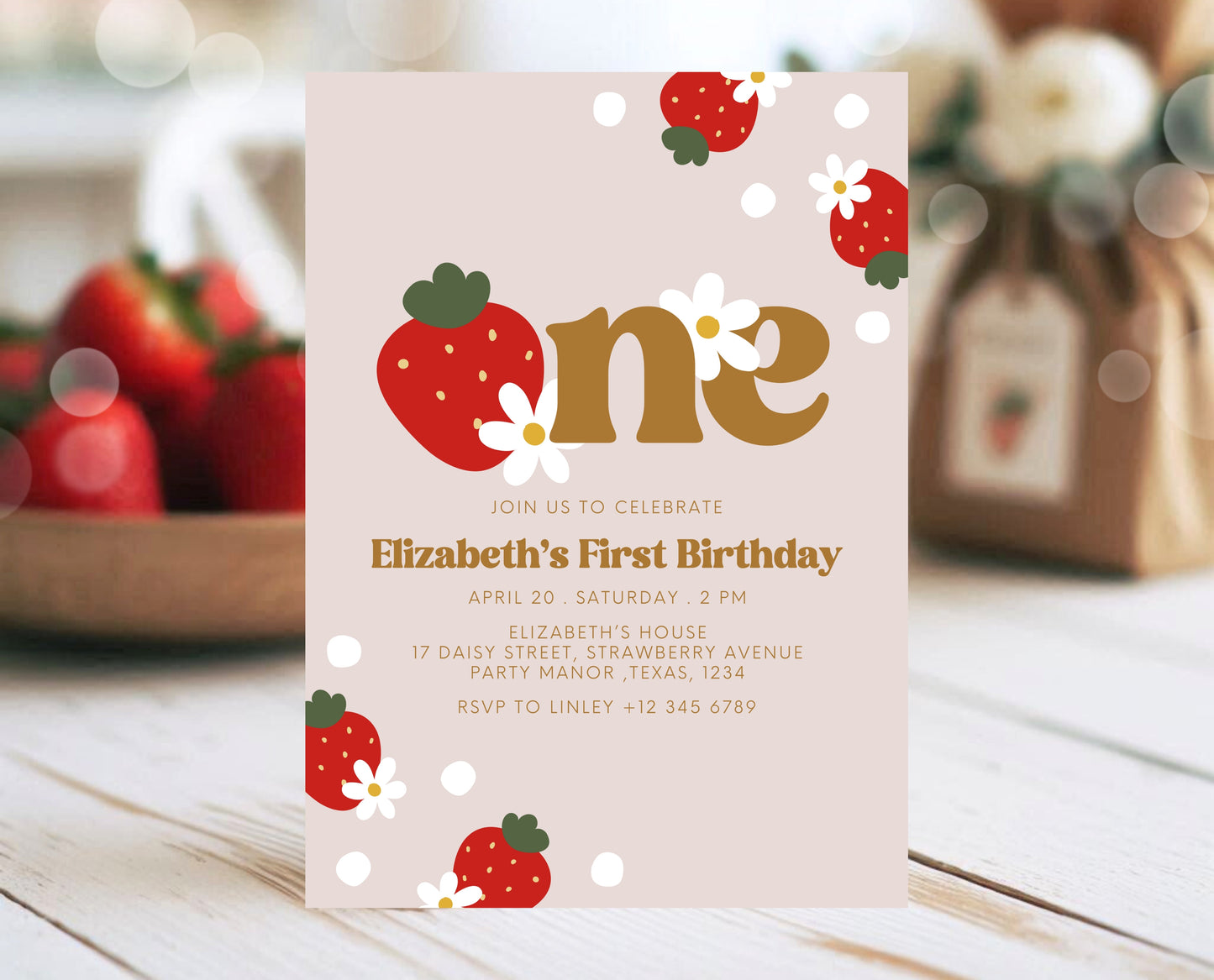 Editable Berry First Birthday Invitation, Strawberry 1st Birthday Girl Invite, Printable Strawberry First Birthday Girl Invitation, GBP02