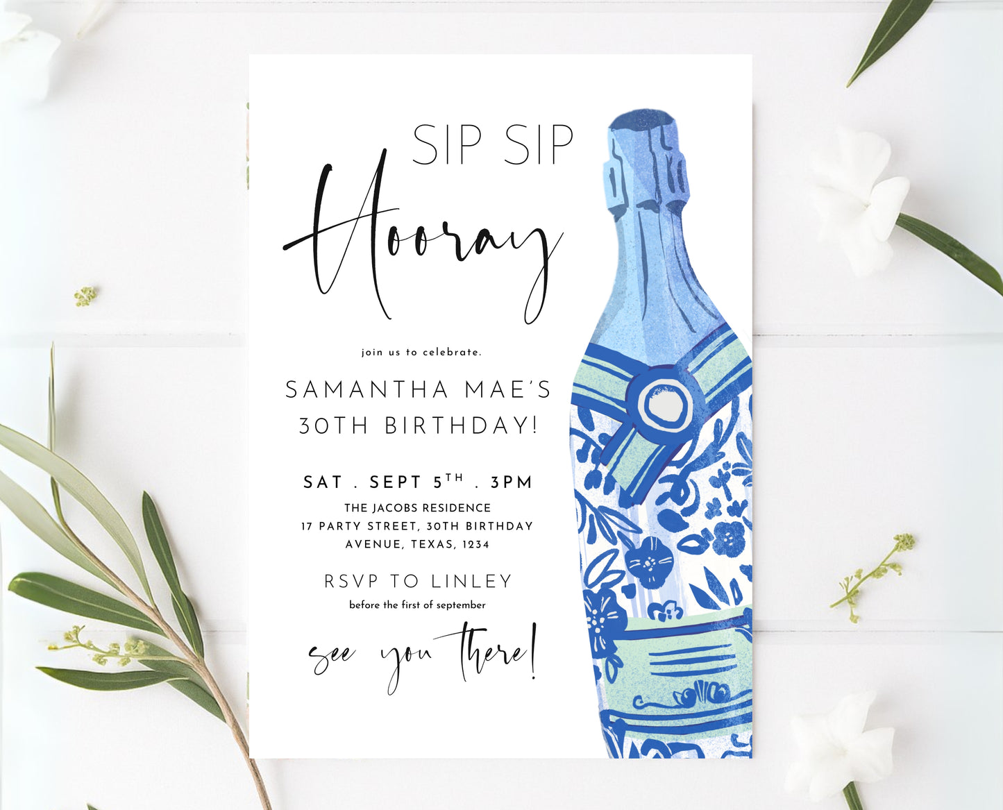 Editable Sip Sip Hooray Champagne Birthday Invitation Blue Modern Minimalist Boozy Party Printable Invite Template Instant Download