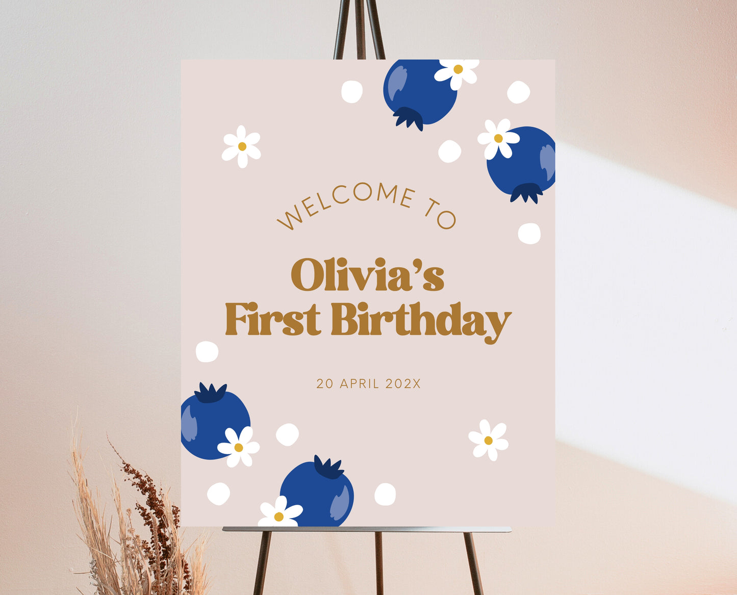 Editable Blueberry Birthday Welcome Sign, Retro Blueberry Birthday Girl Decor, Printable Boho Blueberry Birthday Welcome Banner, Gold, GBP03