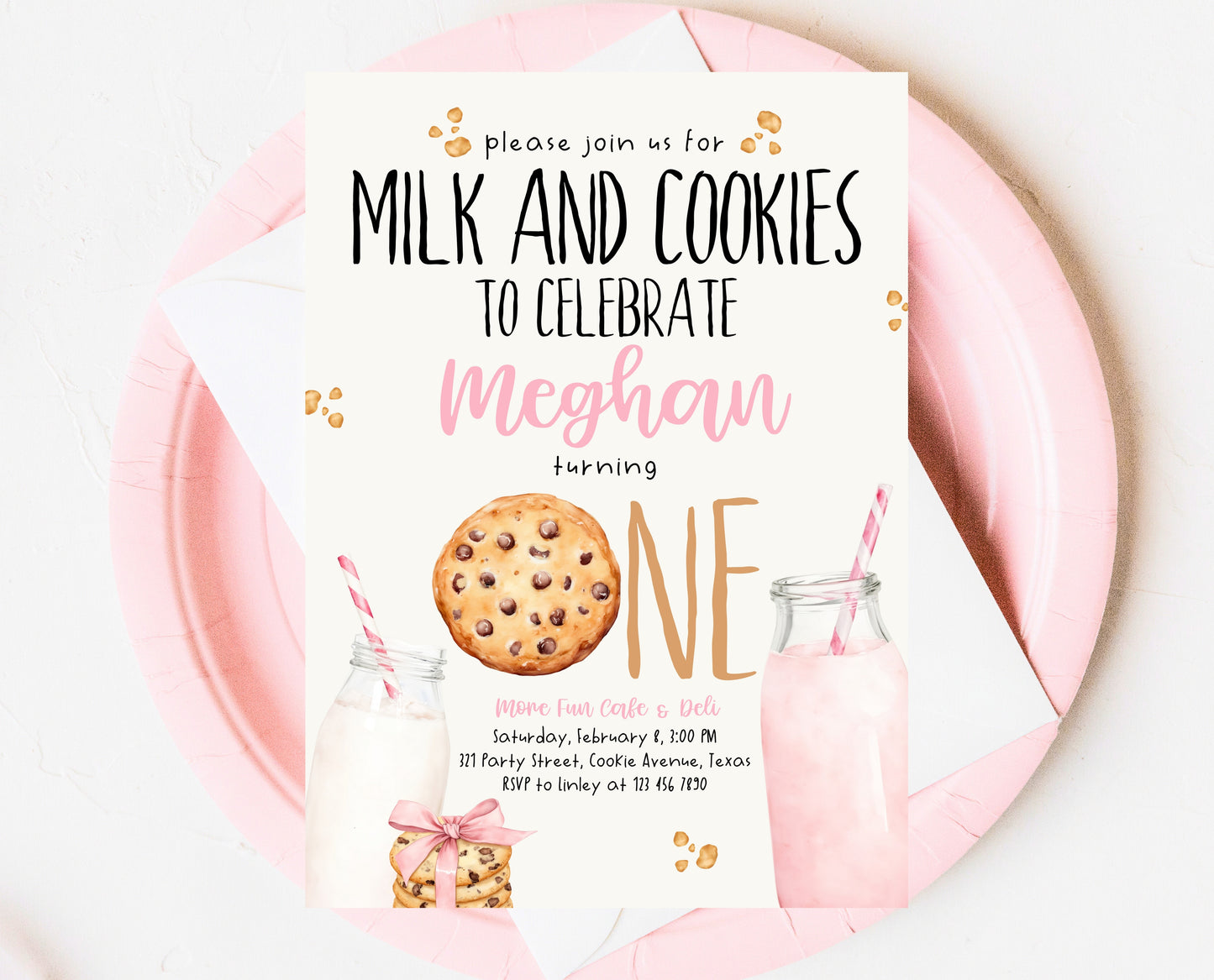 Editable Milk And Cookies Birthday Invitation, Pink Milk And Cookies First Birthday Invite, Printable Girl First Birthday Invite, GBP01