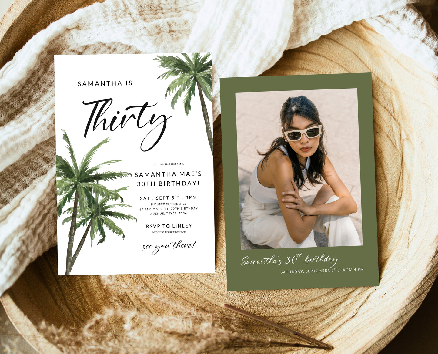 Editable Palm Birthday Invitation Template Folk Palm Trees Summer Party Beach Theme Watercolour Modern Instant Download Printable AB12