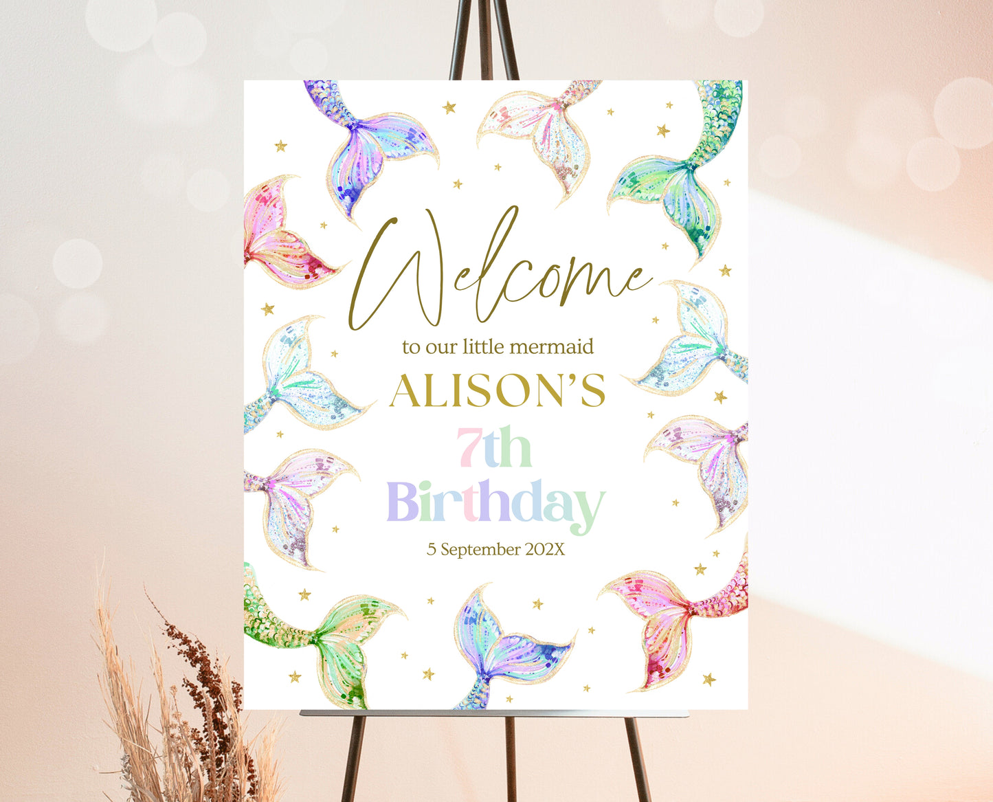 Editable Mermaid Tail Birthday Welcome Sign, Under the Sea Birthday Welcome Banner, Birthday Template, Pastel Rainbow Glitter Mermaid, GBP13