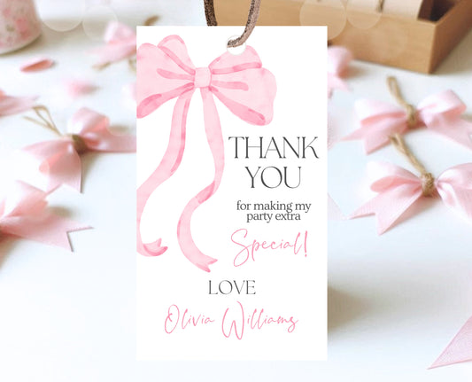 Editable Pink Bow Baby Shower Favor Tag, Girl First Baby Shower Printable, Pink Coquette Bow Girl Favor Gift Tags, Bow Decor, VDC12
