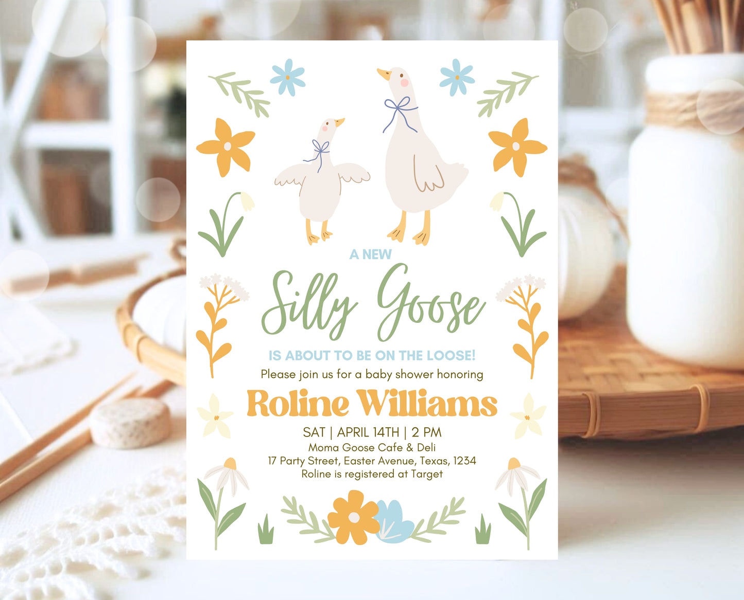 Editable Goose Baby Shower Invitation, A Silly Goose Baby Shower Invitation, Floral Whimsical Goose Invite, Easter Baby Shower Invite, EPC02