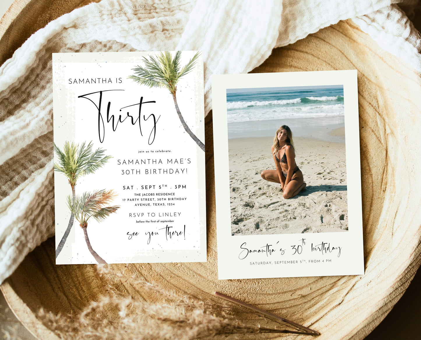 Editable Palm Birthday Invitation Template Folk Palm Trees Summer Party Beach Theme Watercolour Modern Instant Download Printable AB14