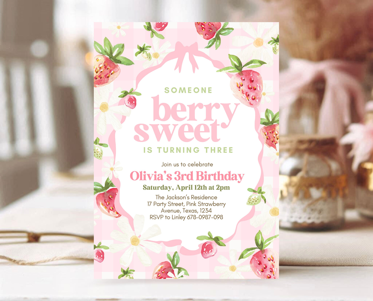 Editable Berry Sweet Birthday Invitation, Pink Strawberry Birthday Girl Invite, Whimsical Strawberry Birthday Girl Invitation, Pink, GBP06