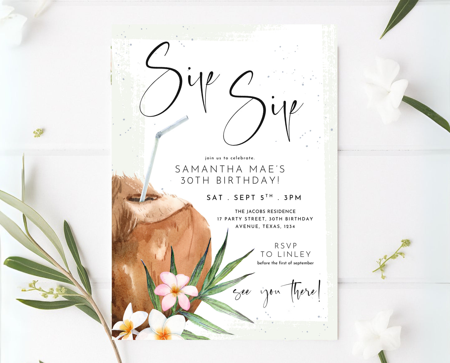 Editable Coconut Cocktail Birthday Invitation Tropical Beach Summer Party Modern Minimalist Printable Invite Template Instant Download