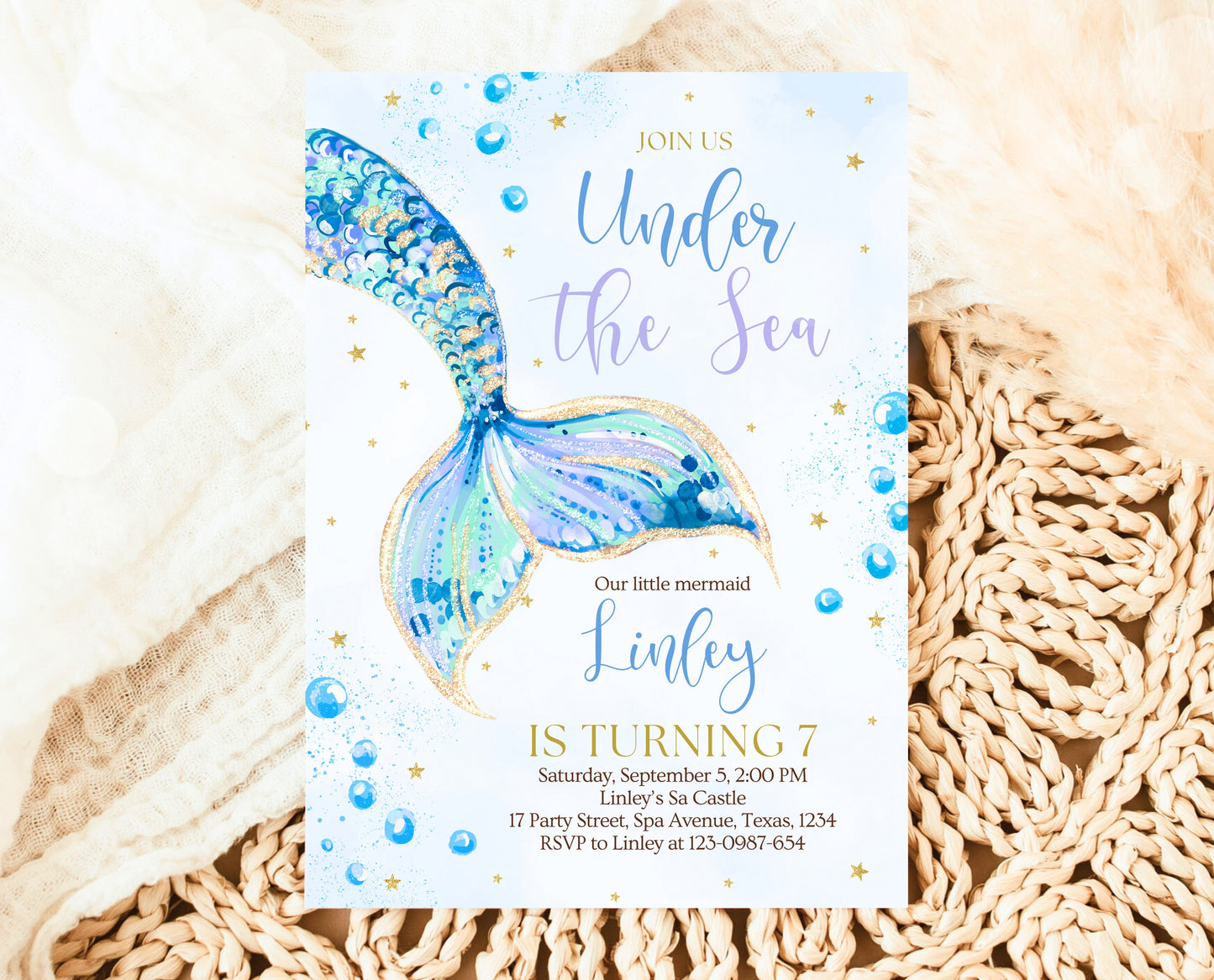 Editable Mermaid Tail Birthday Invitation, Under the Sea Birthday Invitation, Birthday Template, Blue And Gold Glitter Mermaid Invite, GBP12