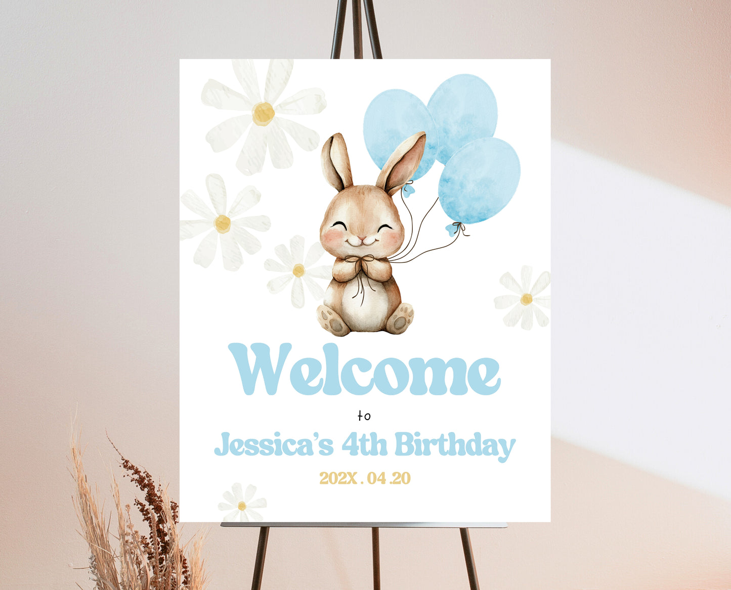 Editable Bunny Birthday Welcome Sign, Blue Rabbit Birthday, Hop On Over Bunny Birthday Sign, Spring Birthday, Rabbit Welcome Banner, EPC07