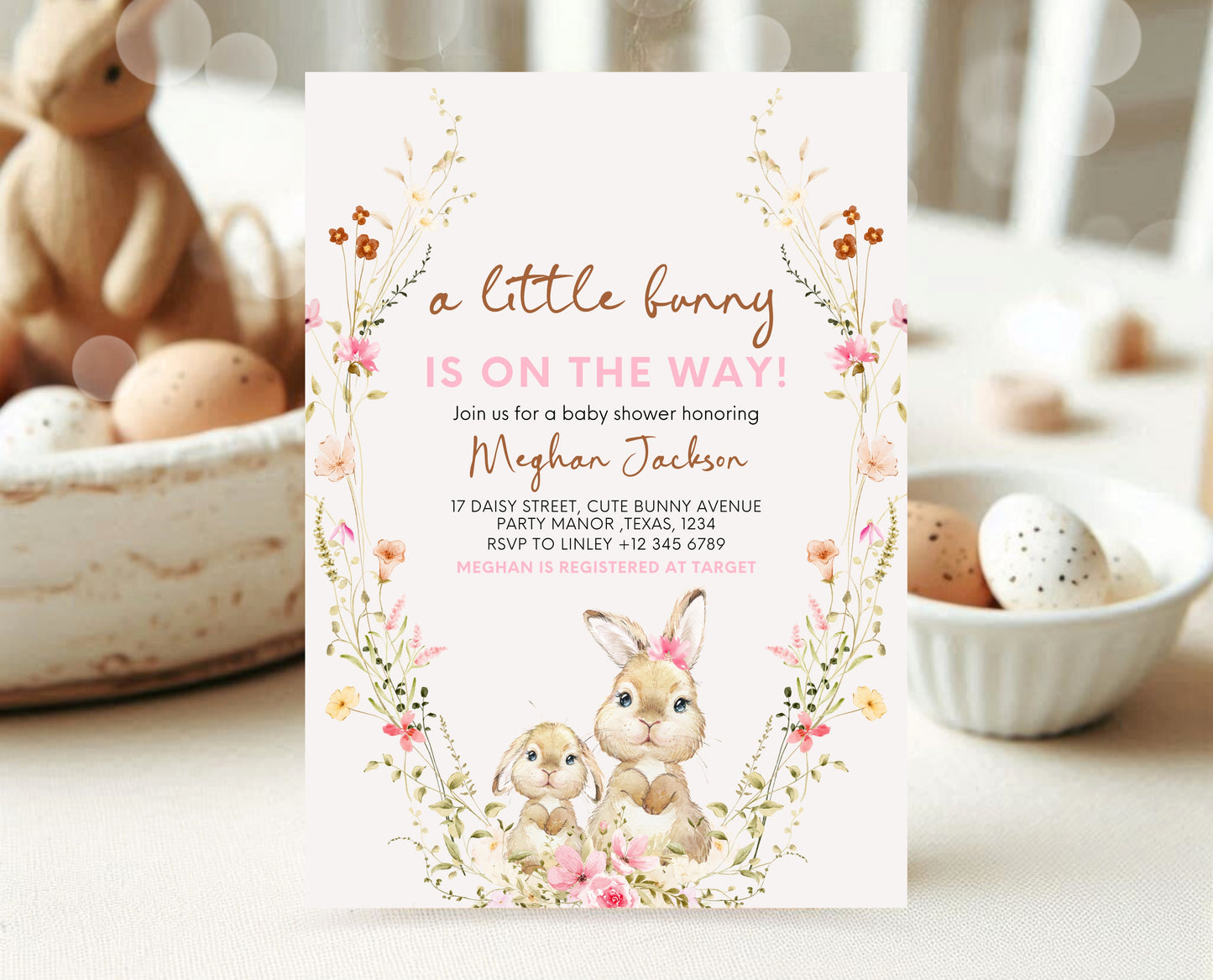 Editable Bunny Baby Shower Invitation, Spring Floral Bunny Invite, Girl Floral Bunny Baby Shower, Spring Rabbit Baby Shower Invite, EPC12