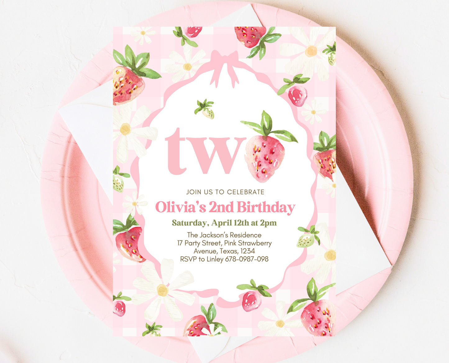 Editable Strawberry 2nd Birthday Invitation, Strawberry 2nd Birthday Girl Invite, Whimsical Strawberry 2nd Birthday Girl Invitation, GBP06