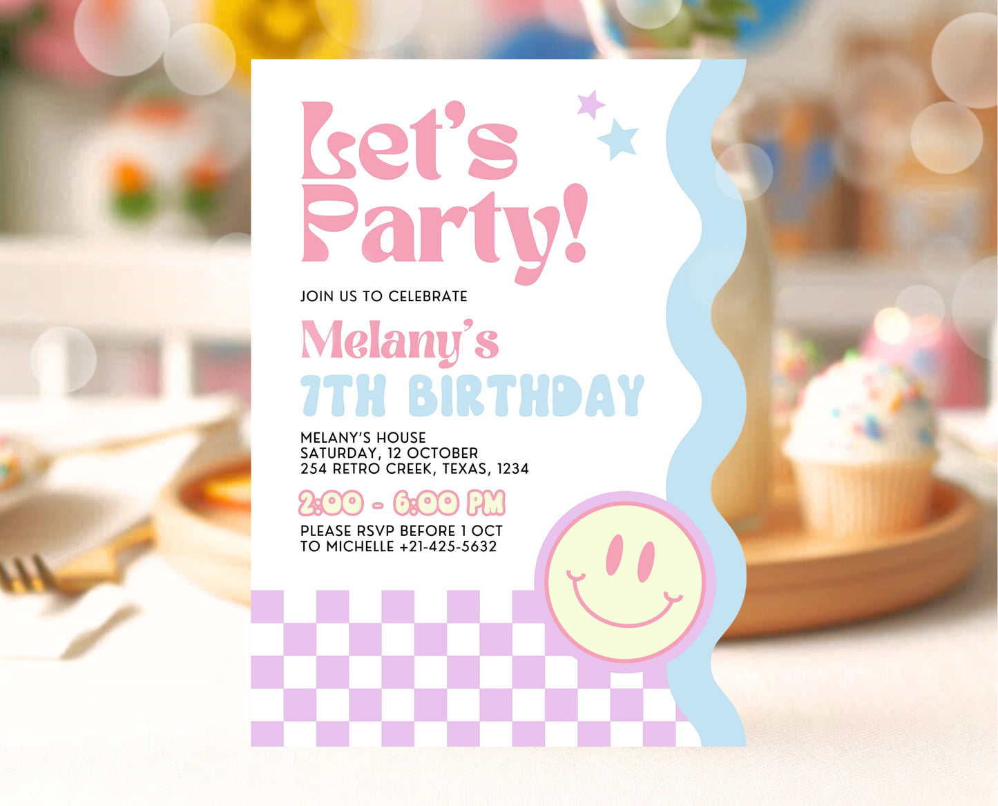 Editable Retro Smiley Birthday Invitation, Preppy Smile Theme Invite, Pink Checkered Smiley Birthday Invite, Retro Smiley Girl Invite, GBP17