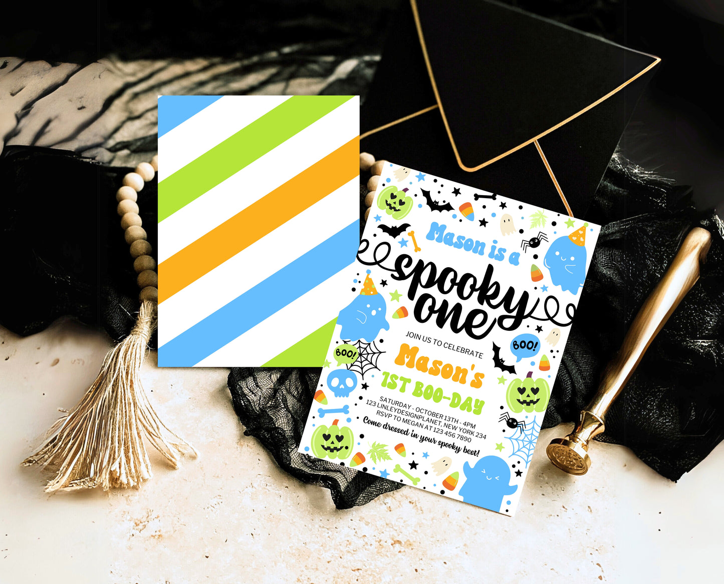 Editable Spooky One Birthday Invitation Blue Green Halloween 1st Birthday Template for Boy Digital Download Printable Invite Neon Boy HB01