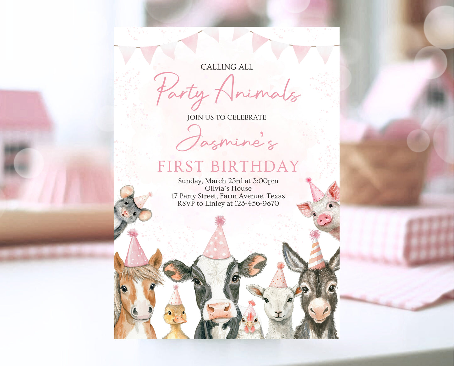 Editable Farm Girl Birthday Invitation, Pink Farm Birthday Party Invite, Calling All Party Animals, Pink Farm Animals Birthday Invite, GBP14