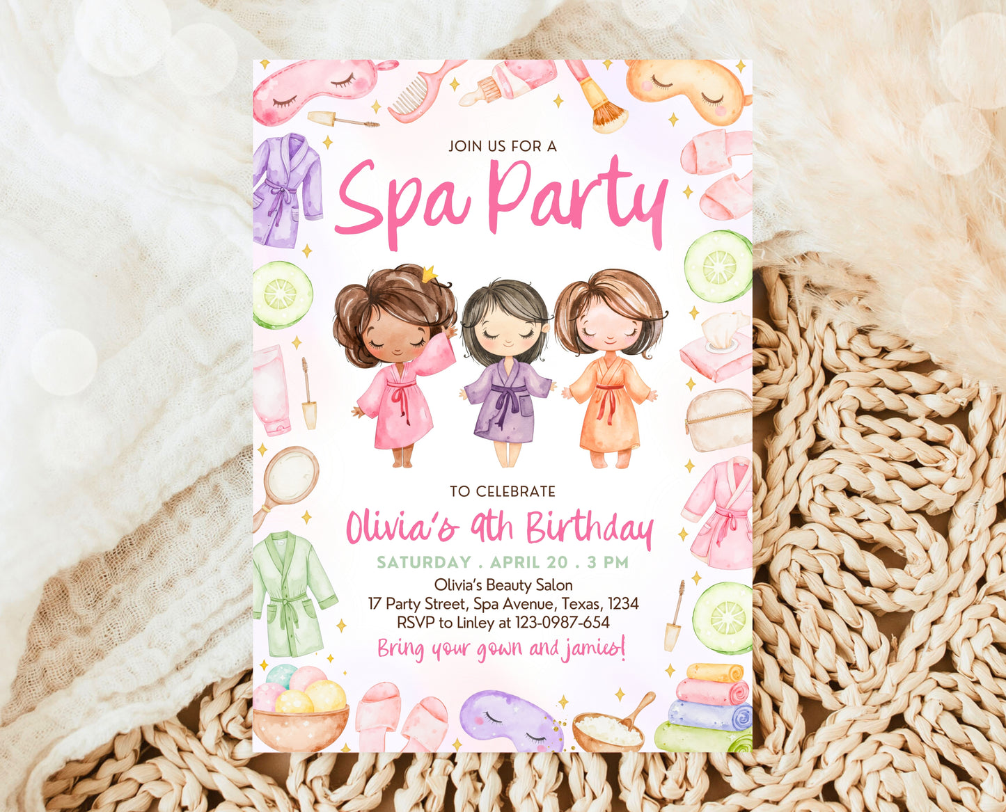 Editable Spa Birthday Invitation, Spa Party Invite, Pamper Birthday Invite, Pink Glam Party Invite, Spa Girls Birthday Invitation, GBP08