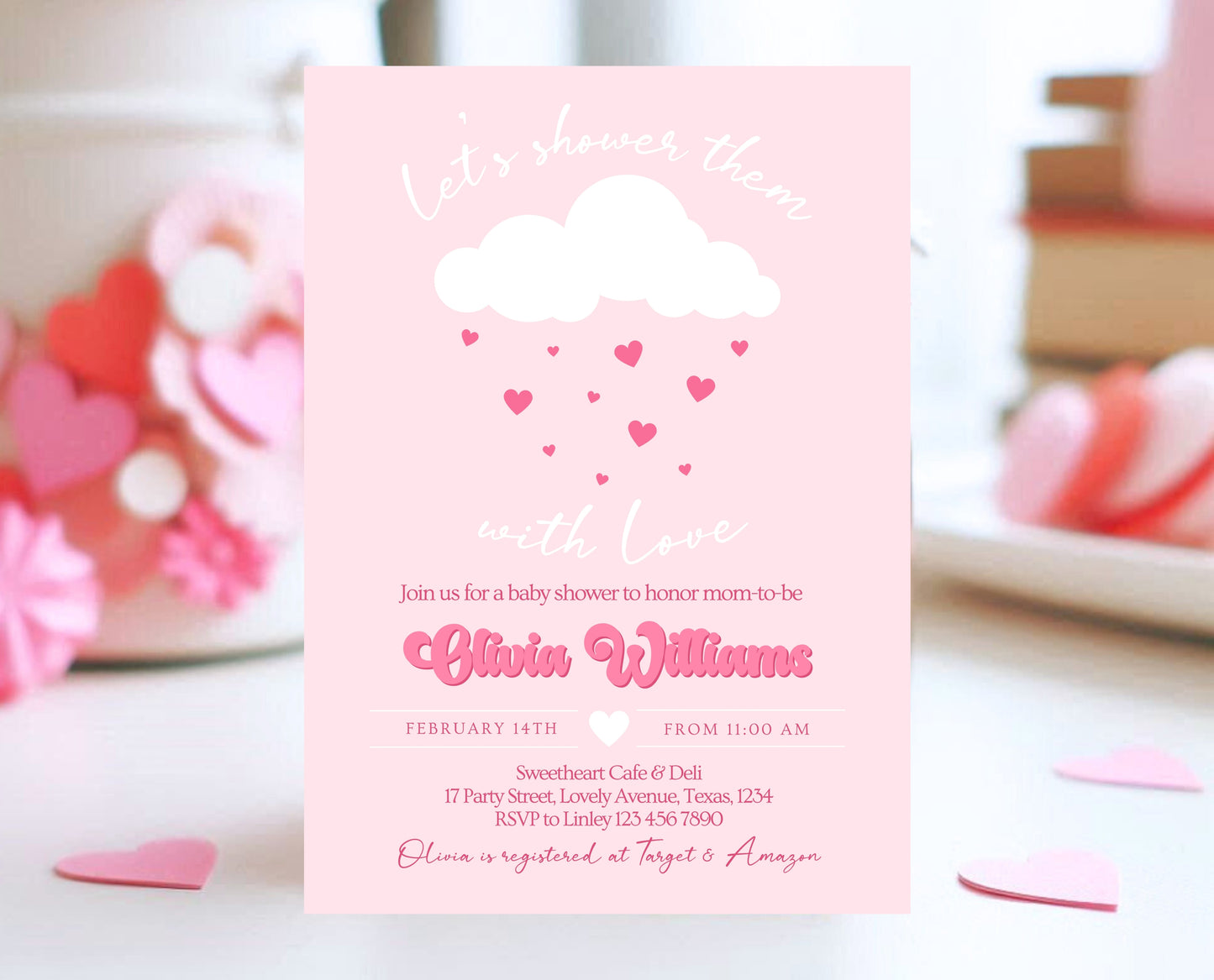 Editable Valentine Baby Shower Invitation, Showered With Love Baby Shower Invite, Pink Cloud Hearts Baby Shower Invite, Download, VDC11