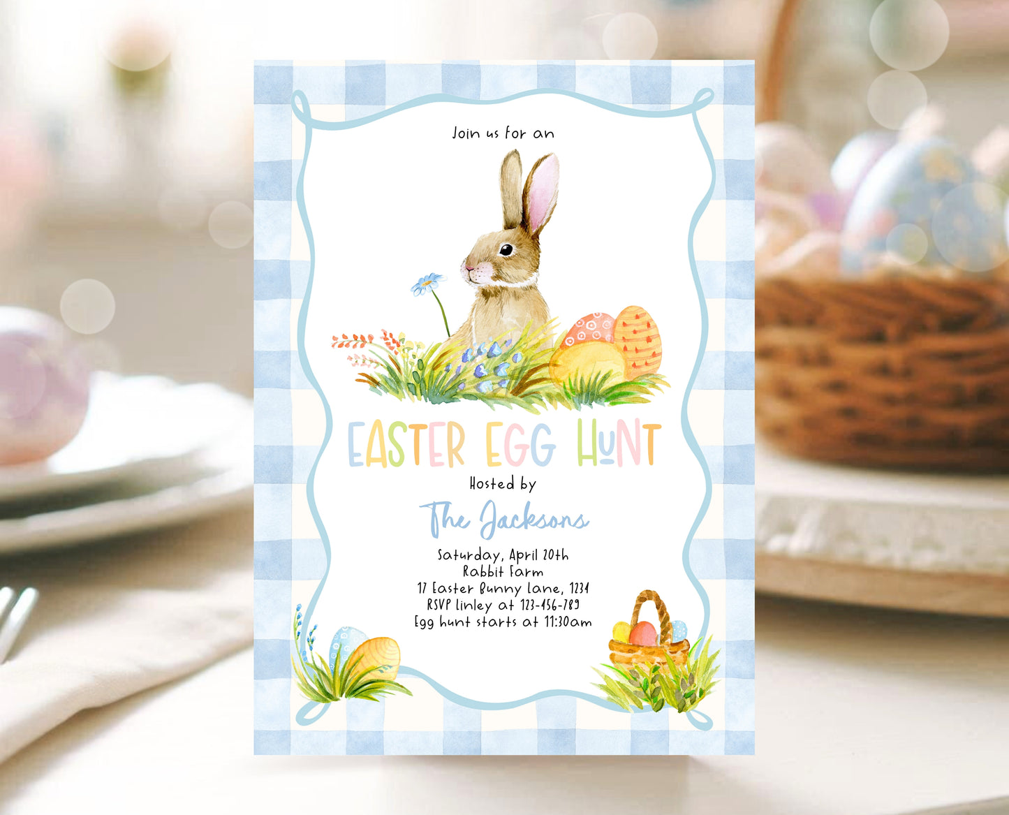Editable Easter Egg Hunt Invitation, Bunny Invitation, Blue Easter Invitation, Easter Egg Dinner Invitation, Easter Egg Hunt Invite, EPC14