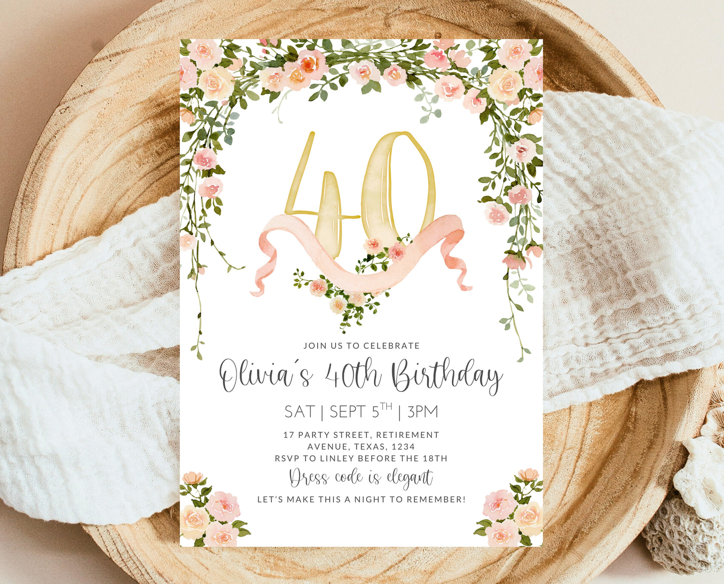 Editable 40th Birthday Invitation Blush Pink Gold Template Floral Watercolor Roses Digital Invite Instant Download Printable Design AB10