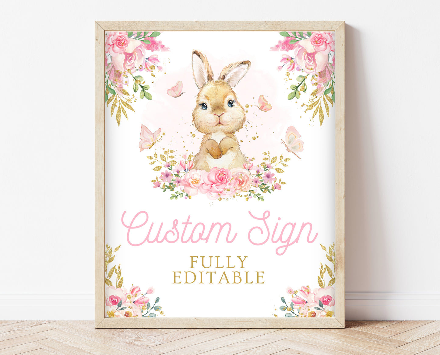 Editable Bunny Baby Shower Custom Sign, Pink Gold Bunny, Girl Floral Bunny Baby Shower, Spring Rabbit Baby Shower Fully Editable Sign, EPC10